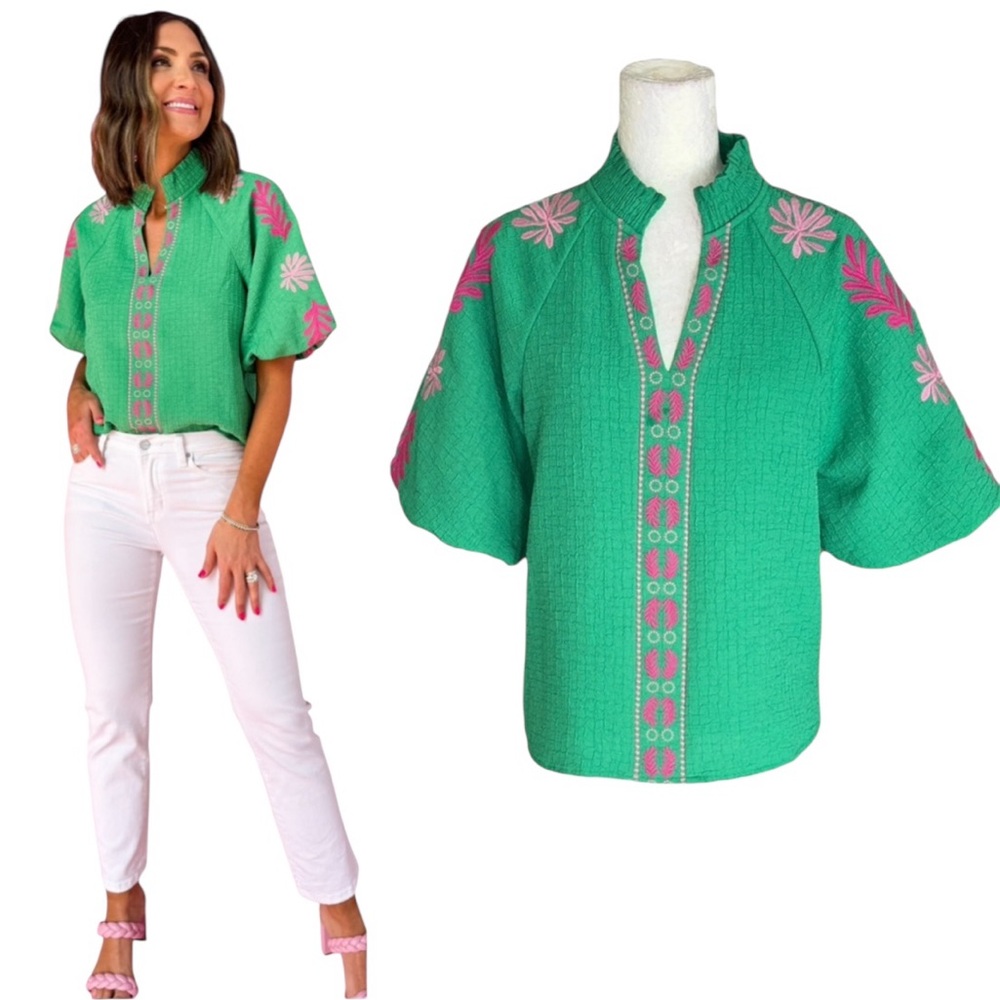 THML Kelly Green & Hot Pink Embroidered Textured Smocked Puff Sleeve Top - S